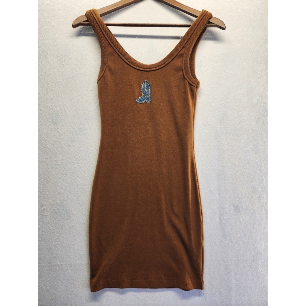 Brown‎ Ribbed Knit Mini Dress Cowboy Boot Patch Small - Picture 8 of 9